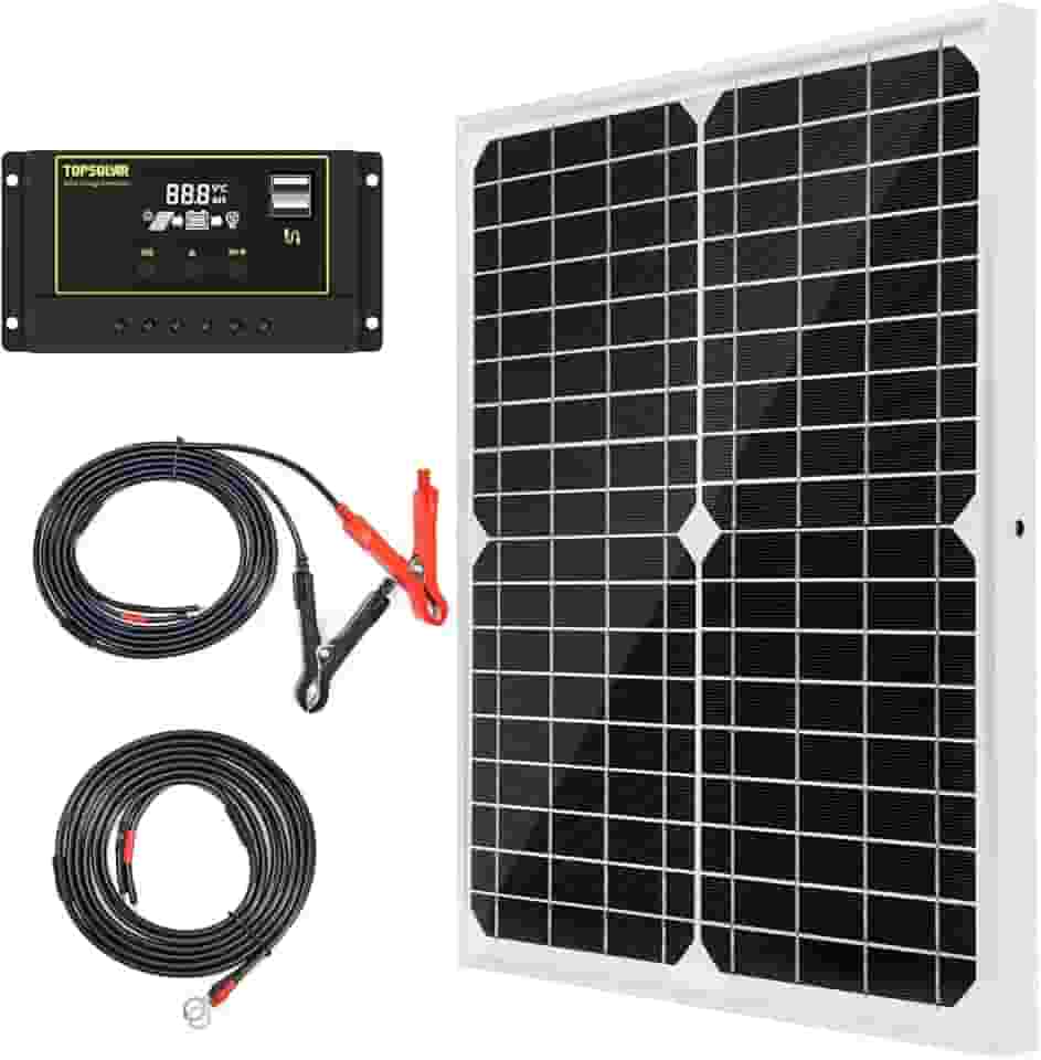 Kit de painel solar TP-solar monocristalino 20 W 12 V com controlador de carga solar de 10 A + cabo de extensão com clipes de bateria, terminal de anel de vedação para sistema de RV Marine Boat Off Grid