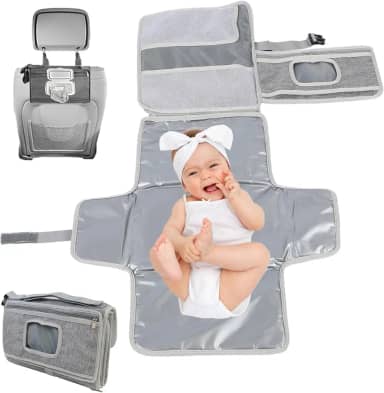 Trocador portátil para recém-nascido, trocador de fraldas expansível com bolsos para lenços umedecidos Almofada de troca de bebê resistente à água para viagens, compras, presentes de chuveiro (Cinza)