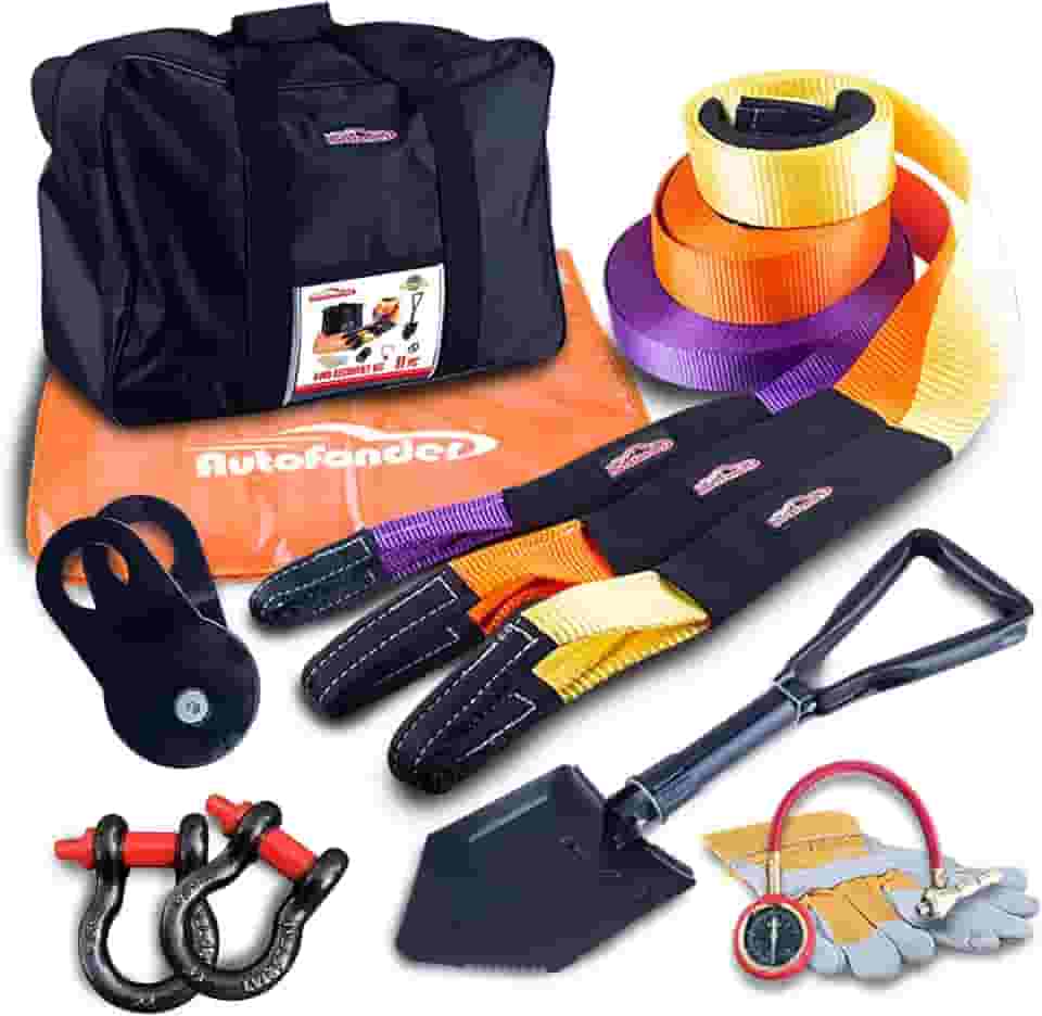 Autofonder Kit de 11 peças de engrenagem de recuperação Offroad 4x4 - pacote com 3 alças + 2 manilhas D + bloco de arremesso + pá dobrável de sobrevivência + deflator de pneu + luvas de couro + amortecedor de guincho + bolsa de engrenagens – conjunto de recuperação de alça de reboque