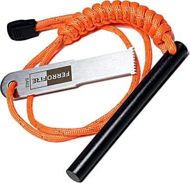FERROFIRE Arranque de ferro clássico super-Duty Heavy Duty com haste de ferrocério de 10 cm de comprimento de pederneira de aço carbono Striker Orange 550 Paracord alça de cordão para acampamento de