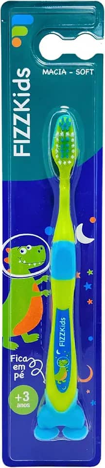 FizzPro, Escova dental, kids, dinossauro, +3 anos, cerdas macias, verde com azul