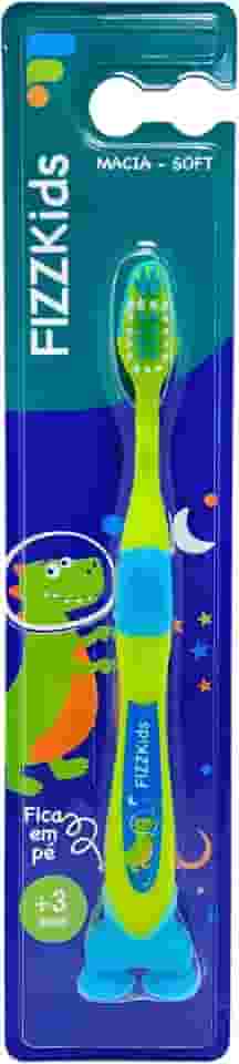 FizzPro, Escova dental, kids, dinossauro, +3 anos, cerdas macias, verde com azul