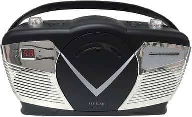 Sylvania Caixa de CD portátil estilo retrô com rádio AM/FM - CD de carregamento superior - entrada auxiliar - compatível com CA e bateria - tela LCD - alça de transporte