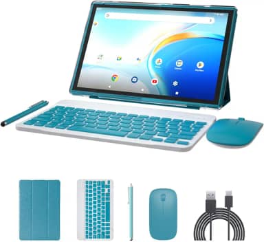 Tablet 2 em 1 com sistema operacional Android 14 de 10 polegadas, tablets com teclado, mouse, capa, caneta, 64 GB de ROM + 8 GB de RAM, câmera dupla de 2 MP + 8 MP, processador Quad Core, bateria de