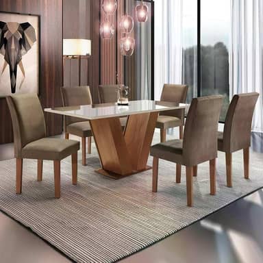 Conjunto Sala de Jantar Mesa Tampo de Vidro 6 Cadeiras Espanha Espresso Móveis Chocolate