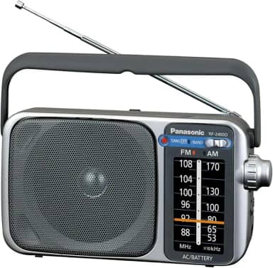 Panasonic Rádio AM portátil/FM, rádio analógico operado por bateria, alimentado por CA, prata (RF-2400D)