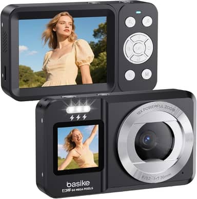Basike Câmera Fotográfica Digital 4K UHD 64MP, Zoom 18X, Tela Dupla com Flash, Foco Automático e Função Webcam, para Iniciantes, Jovens e Viagens, Compacta, Criativa e Portátil – Preto