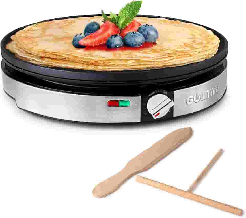 Gourmia Crepe Maker de 12 polegadas, ferro elétrico antiaderente para panquecas, tortilhas e muito mais, controlo preciso de temperatura com luzes indicadoras, inclui espátula e espalhador de massa