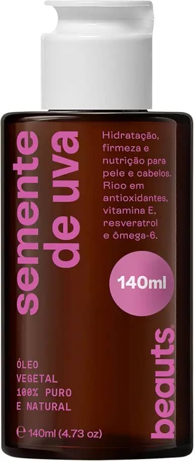 Óleo de Semente de Uva - Óleo Corporal Vegetal Puro - Para Hidratação, Massagem e Banho - 100% Puro, Vegetal e Natural. Com Tampa Gotejadora - 140ml Beauts