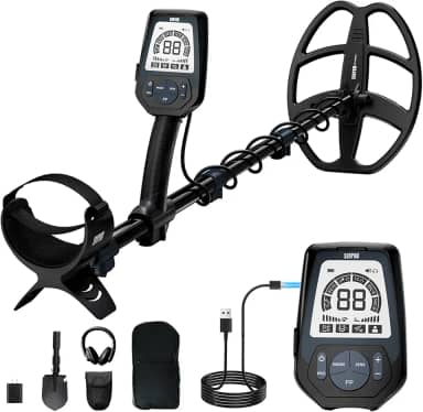 SUNPOW Detector de metais profissional recarregável para adultos – 6 ID de metal, bobina impermeável IP68, visor LCD, 5 modos de pesquisa detector de metais para praia/rio/caça ao tesouro ao ar livre