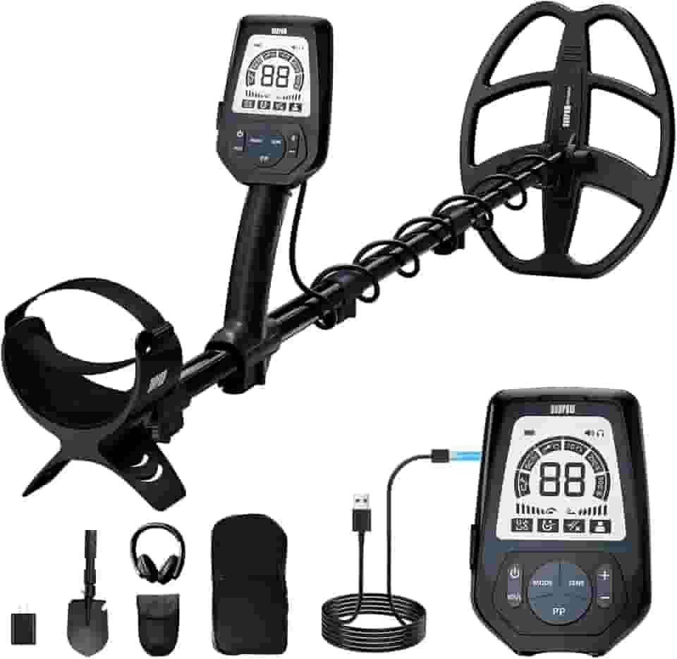 SUNPOW Detector de metais profissional recarregável para adultos – 6 ID de metal, bobina impermeável IP68, visor LCD, 5 modos de pesquisa detector de metais para praia/rio/caça ao tesouro ao ar livre