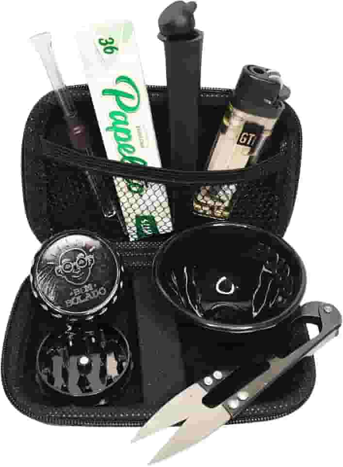 Kit Tabacaria Completo, 7 Peças com Estojo, Seda de Vidro, Tubinho, Mocó, Cuia, Tesoura, Dichavador 3 Partes, Seda King Size