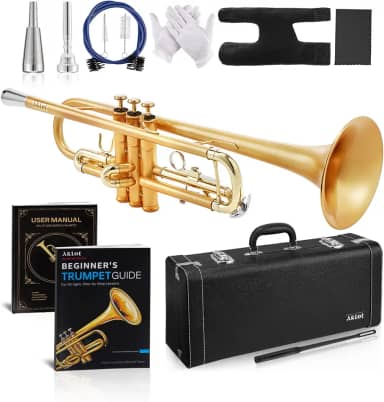 AKLOT Trompete Bb Ponderado Leadpite: Pistões de níquel galvanizado, ouro fosco escovado, protetor de dedo de couro, bocais de trompete ponderados e padrão, estojo de couro elegante, livro de lições