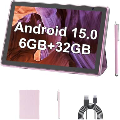 Tablet Android 15 de 10 polegadas com capa e caneta, 6 GB de RAM, 32 GB de ROM, suporta expansão de 1024 GB, tablet Android, bateria de 6000 mAh, tela sensível ao toque IPS HD de 10,1 polegadas, WiFi