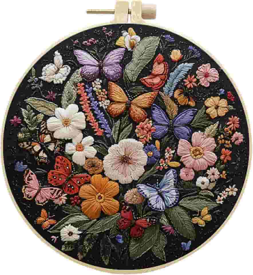 Huacan Kit de bordado para iniciantes e adultos inclui estampa de borboleta de flores estampadas, argola, fios de cor, ferramentas, instruções fáceis de seguir