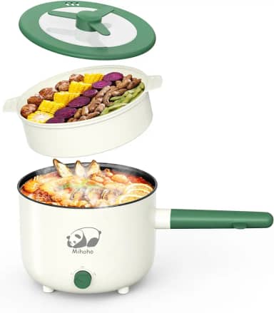 Mihoho Panela Elétrica Com Vaporizador, Frigideira Antiaderente Portátil Com Controle De Potência Dupla, Fogão Elétrico Shabu Shabu Para Macarrão, Aveia, Macarrão, Ramen, 1,5 L (Verde D)
