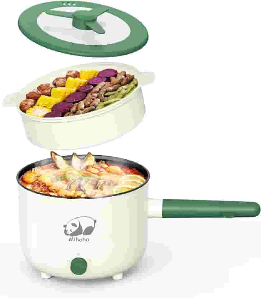 Mihoho Panela Elétrica Com Vaporizador, Frigideira Antiaderente Portátil Com Controle De Potência Dupla, Fogão Elétrico Shabu Shabu Para Macarrão, Aveia, Macarrão, Ramen, 1,5 L (Verde D)