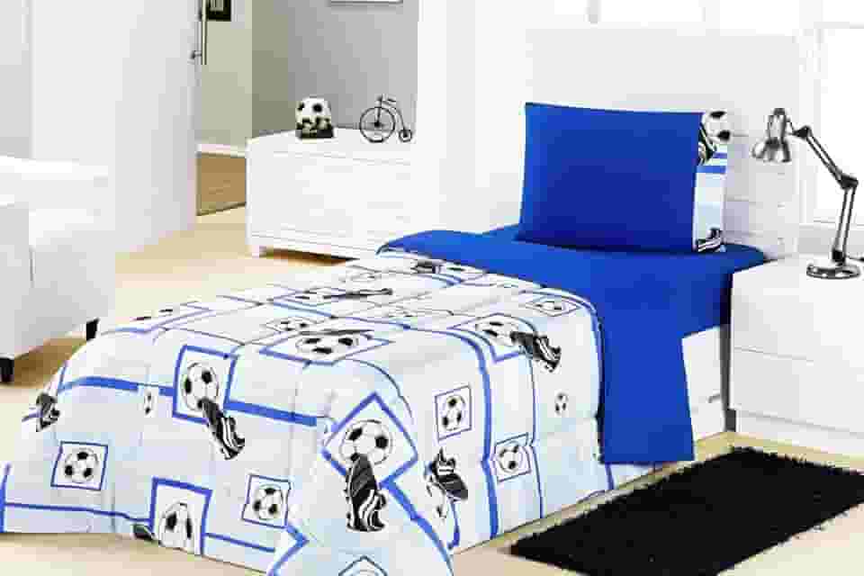Edredom Cama Solteiro Futebol Azul em tecido Algodão com Poliester - Edredom Kids