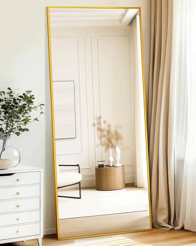Antok Espelho de chão, espelho de comprimento total de 188 cm × 71 cm com suporte independente para quarto, sala de estar, dourado
