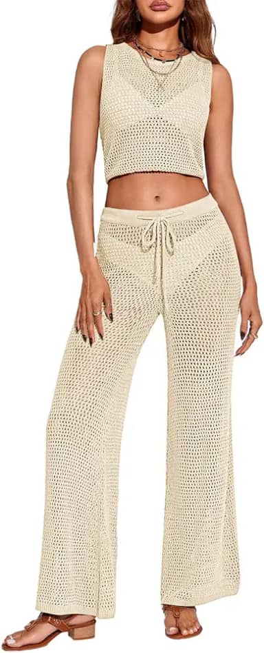 Conjunto feminino de 2 peças, saída de praia de crochê, top cropped sem mangas, com cordão, calça comprida