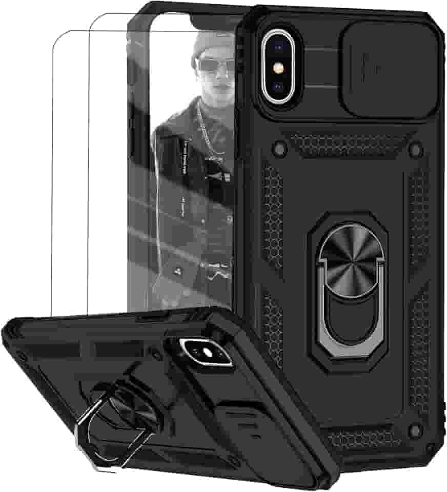 Capa para iPhone X e iPhone XS Capinha | com 2 peças de protetor de tela temperado com janela deslizante da câmera e suporte para telefone incluídos - Preto