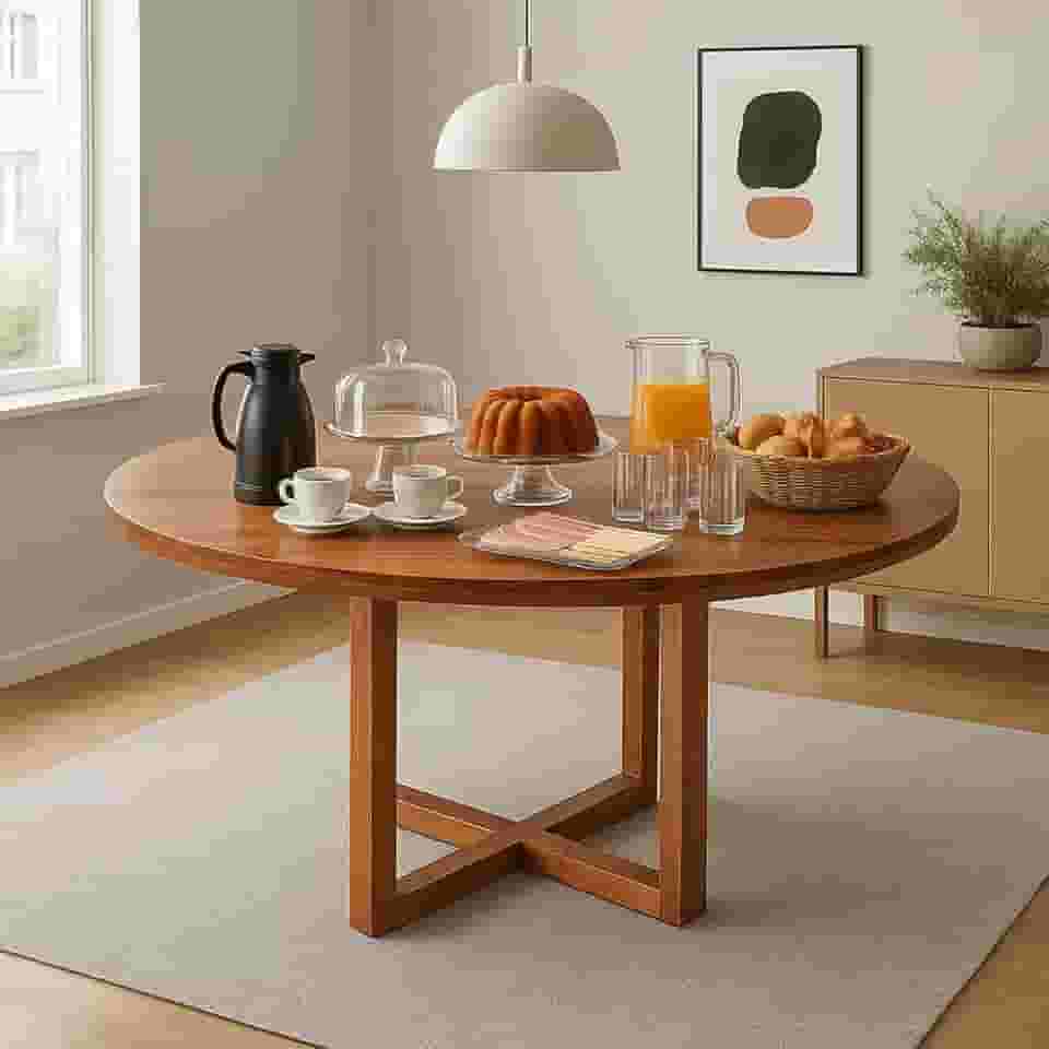 Mesa de Jantar 1,6M Redonda – Madeira Maciça, Acabamento Envernizado