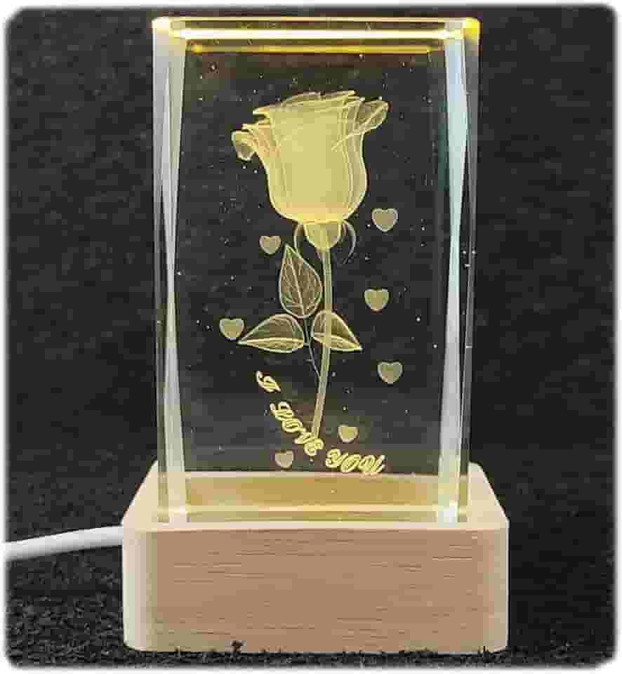 Presente Namorada, Presente Feminino. Luminária LED 3D Romântica de Mesa, Cristal Retangular, USB, Luz Quente, com Efeito Visual de Rosas. Ideal para Presentear a Pessoa Amada!