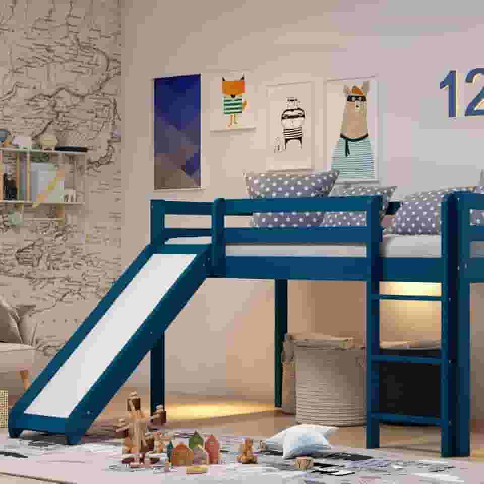 Cama Alta Kids com Escorregador em Madeira Maciça/MDF Azul