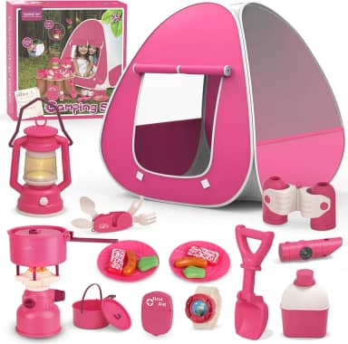 Conjunto de acampamento infantil com barraca – barraca pop-up, barraca infantil, brinquedos ao ar livre, conjunto de ferramentas de acampamento, presente para meninas de 3, 4, 5 e 6 anos, aniversário