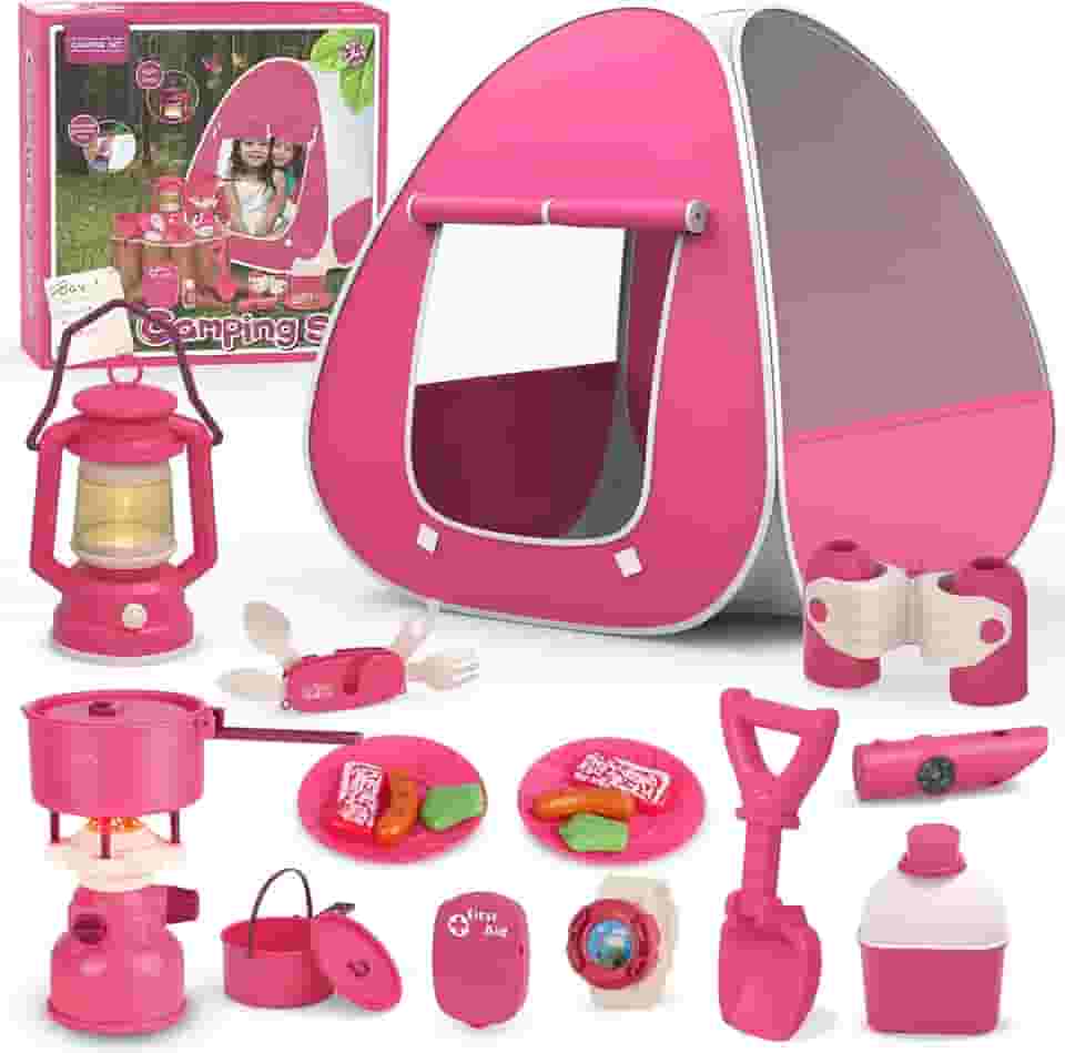 Conjunto de acampamento infantil com barraca – barraca pop-up, barraca infantil, brinquedos ao ar livre, conjunto de ferramentas de acampamento, presente para meninas de 3, 4, 5 e 6 anos, aniversário