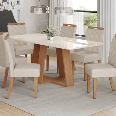 Conjunto Sala Jantar Mesa Lins 160cm Canto Arredondado com Vidro + 6 Cadeiras Bella Nature/Off White