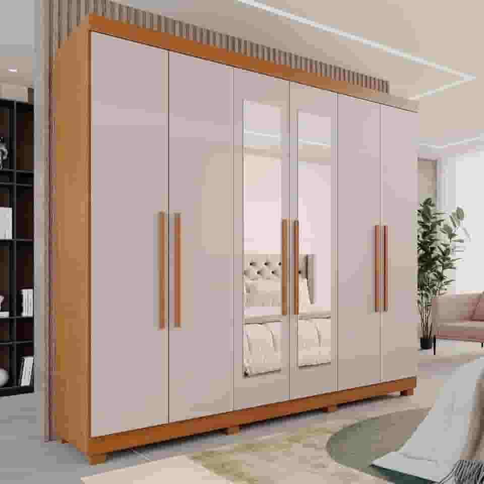 Guarda-roupa Casal 6 Portas 3 Gavetas com Espelho com Pés Roma Espresso Móveis Cinamomo/Off White