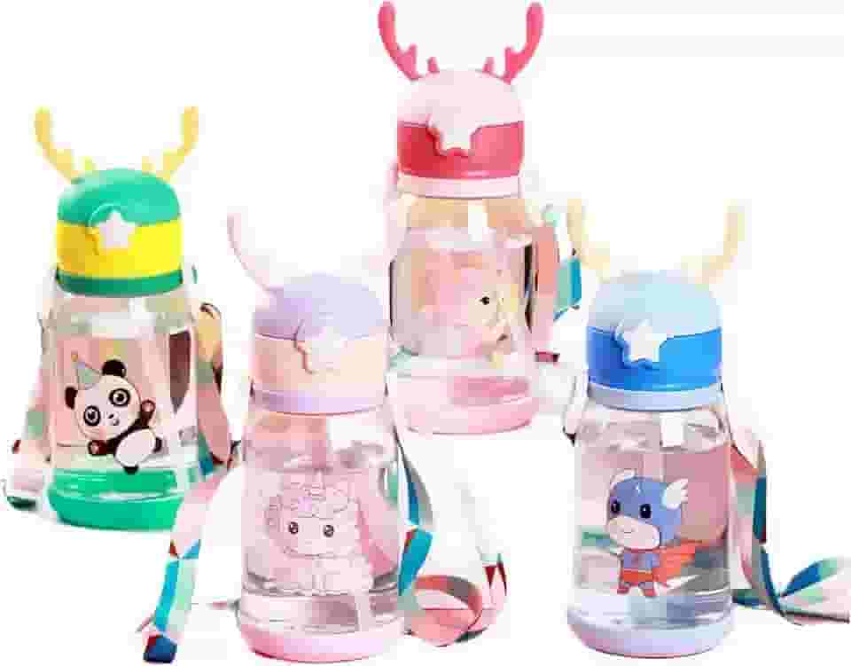 Garrafa Infantil Água Alce Fofa com Canudo com Alça Ideal Para Escola e Passeios Portátil Antivazamento Hidratação Segura Crianças (Rosa)