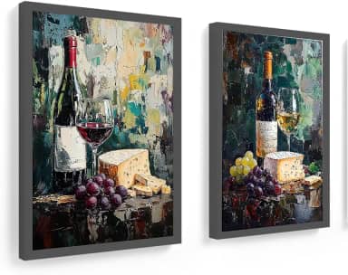 Kit 2 quadros 33x45 cm moldura e vidro, queijo, fruta, vinho (Preto)