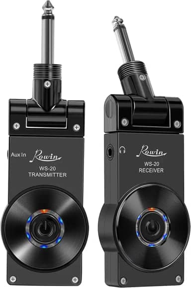 Rowin Receptor transmissor de sistema sem fio de guitarra 2,4G para guitarra elétrica, baixo e violino com bateria recarregável, cabo USB (totalmente preto)