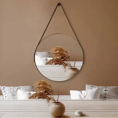 Espelho Redondo 60cm Adnet com Alça de Couro Decoração Moderna para Banheiro Sala ou Quarto (Café)