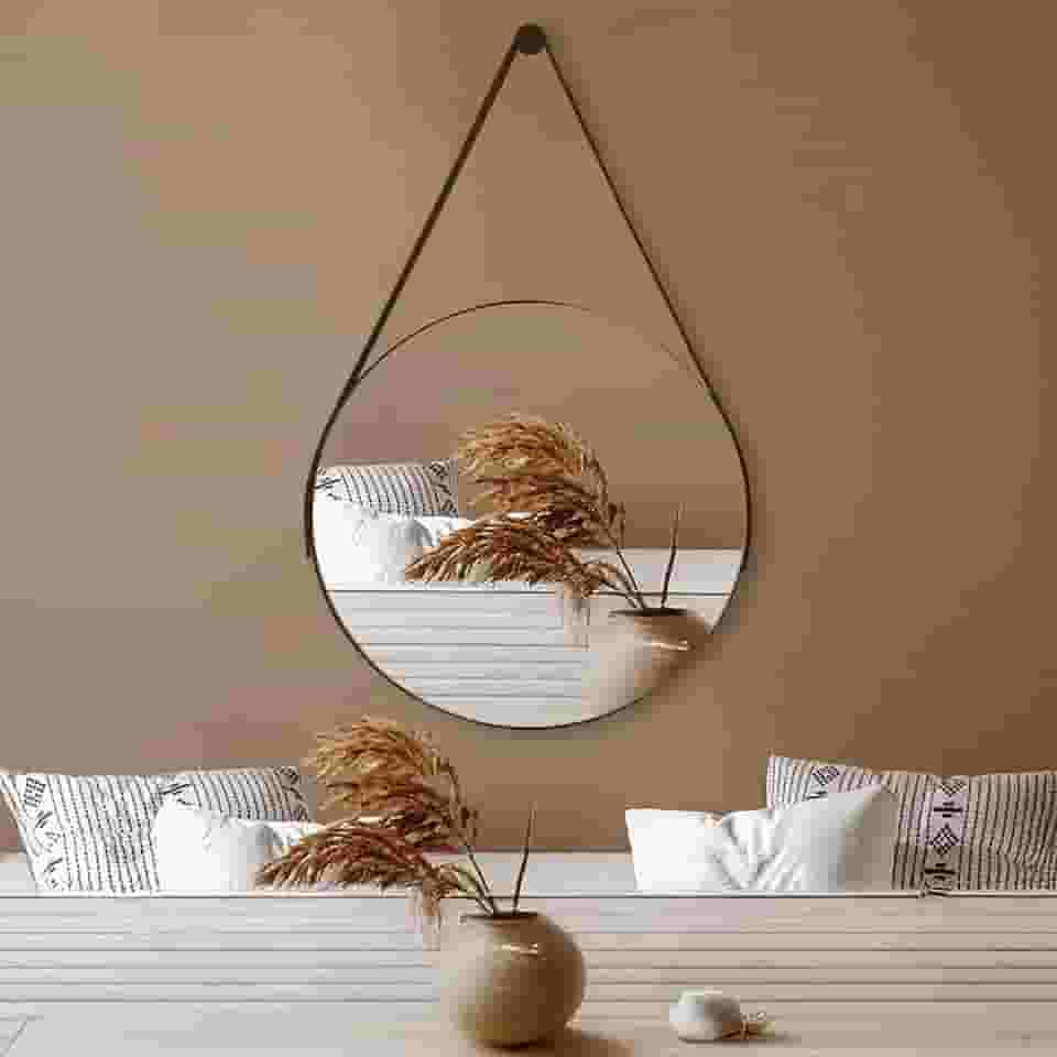 Espelho Redondo 60cm Adnet com Alça de Couro Decoração Moderna para Banheiro Sala ou Quarto (Café)