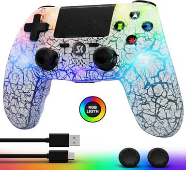 CHENGDAO Controller for PS4, Wireless Controllers for PlayStation 4/Pro/Slim, Remote Control with Adjustable RGB Light/1000mAh Battery/6-Axis Motion Sensor/Double Vibration/3.5mm Audio Jack, White