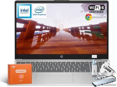 HP Computador portátil Chromebook 2025, processador Intel Quad-Core N200, ecrã antirreflexo HD de 15,6 polegadas, 8 GB de RAM, 64 GB de armazenamento (64 GB eMMC 256 GB MSD), gráficos UHD, Wi-Fi 6