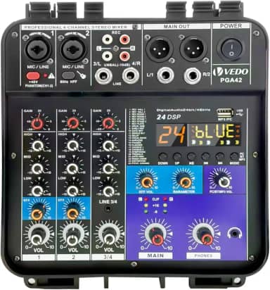 VEDO Mixer de áudio profissional portátil de 4 canais com dois amplificadores de 150 W, Bluetooth 5.0, fonte de alimentação de 48 V e porta USB para PC/MP3 para apresentações ao vivo e conferências