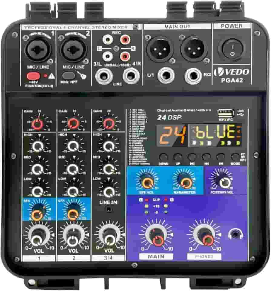 VEDO Mixer de áudio profissional portátil de 4 canais com dois amplificadores de 150 W, Bluetooth 5.0, fonte de alimentação de 48 V e porta USB para PC/MP3 para apresentações ao vivo e conferências