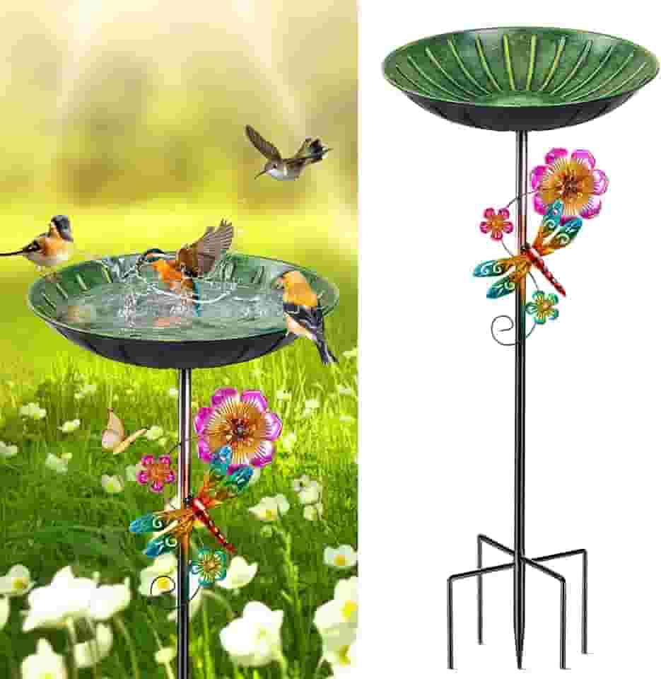 Banheira de metal para pássaros de 28 cm para uso externo, tigela alimentadora independente para banhos de pássaros com estaca para ambientes externos, banhos de pássaros com base atualizada de 5