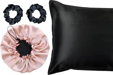 Kit 1 Fronha De Cetim Seda + 1 Touca Dupla Face + 2 Xuxinhas (Preto/Champagne)