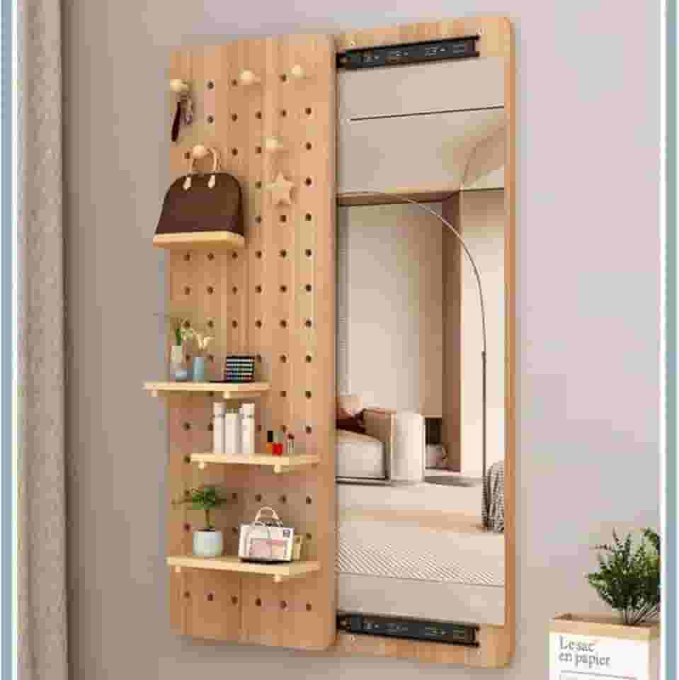 Espelho de corpo inteiro para quarto, espelho de vestir invisível para fechar, espelho de entrada montado na parede com placa de furo de armazenamento (100x30cm) (Madeira)