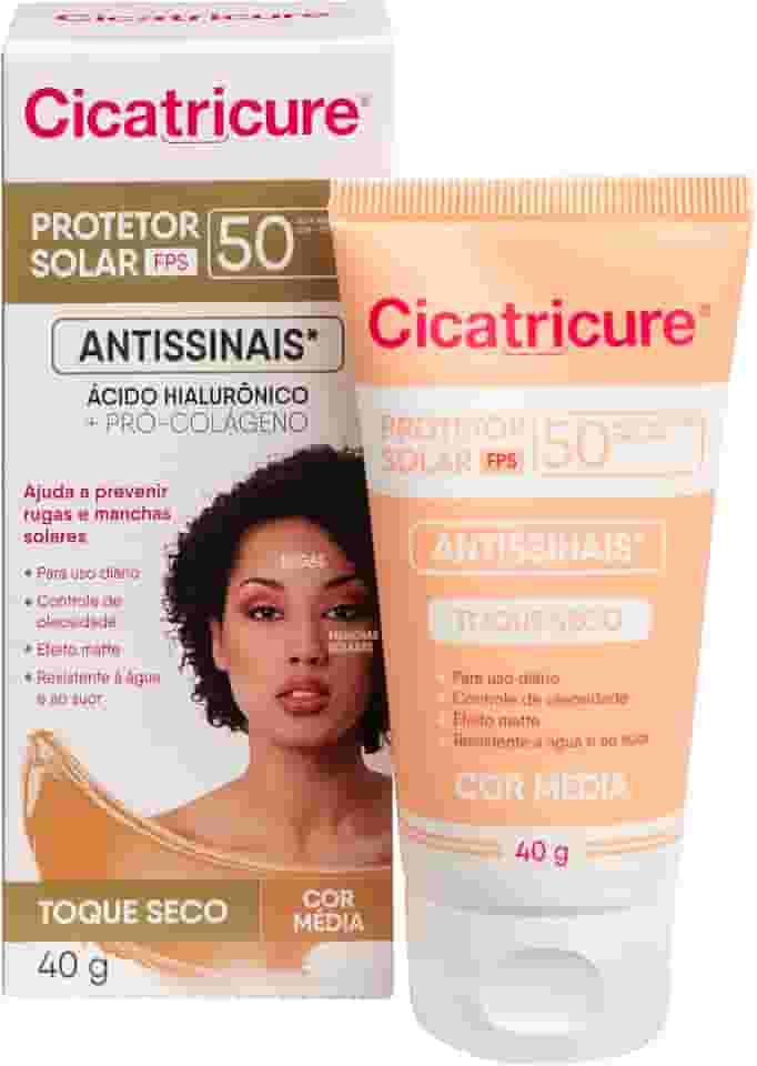 Cicatricure Protetor Solar Facial FPS 50 Antissinais Toque Seco Cor Média, Previne Rugas e Manchas, Ultra Proteção UVA UVB, Ácido Hialurônico para Pele Oleosa, 40 ml