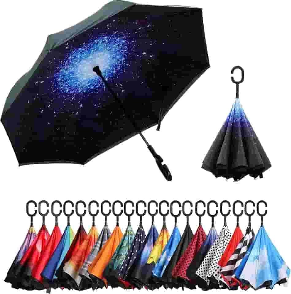 Guarda-chuva invertido de camada dupla NC Saa com alça em forma de C, guarda-chuva reto à prova de vento à prova d'água anti-UV para uso externo chuva de carro (céu estrelado/preto)