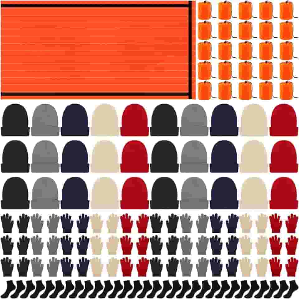Chicingyou 120 peças de kit térmico de aquecimento de inverno para sem-teto, cobertor de emergência, saco de dormir, gorros, meias quentes, luvas de tela sensível ao toque, para clima frio