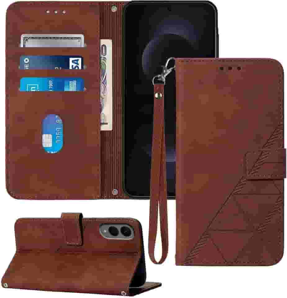 Capa carteira para celular S25 Edge, compartimento para cartão com alça de pulso TPU para proteção interna, capa flip de couro PU para Samsung Galaxy S25 Edge (marrom)