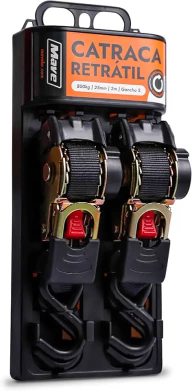 Catraca Retrátil, Par de Cintas Automáticas, 800kg, 25mm x 1,8 m, Gancho Tipo S, Preto