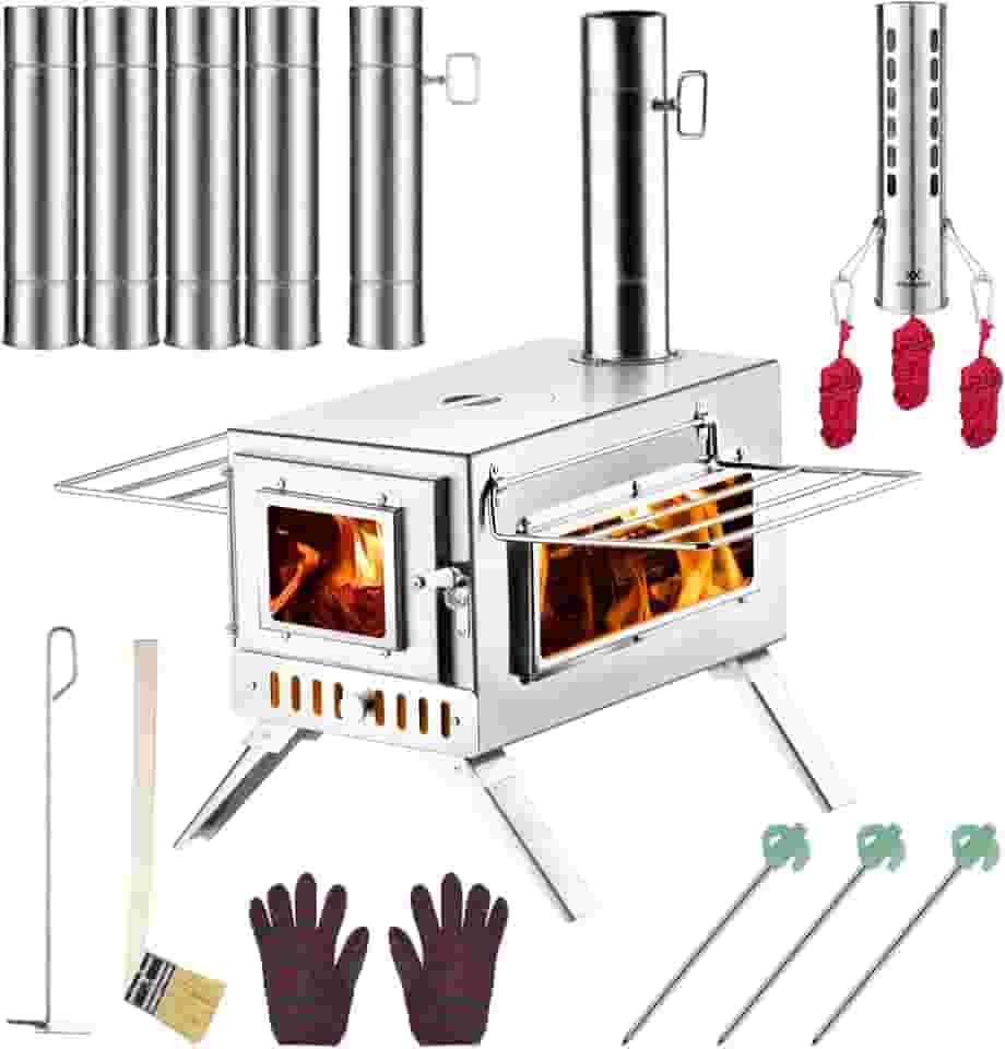 Fogão de barraca quente, fogão AVOFOREST 304 de aço inoxidável, fogão a lenha portátil com 6 canos de chaminé de aço inoxidável para aquecimento e cozimento ao ar livre, pesca no gelo, caça